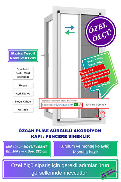 ÖZCANLAR CAM 💥📏plise Pileli 100x220 Cm Sürgülü Akordiyon Kayar Sineklik Çelik, Ahşap, Pimapen Kapı Uyumlu