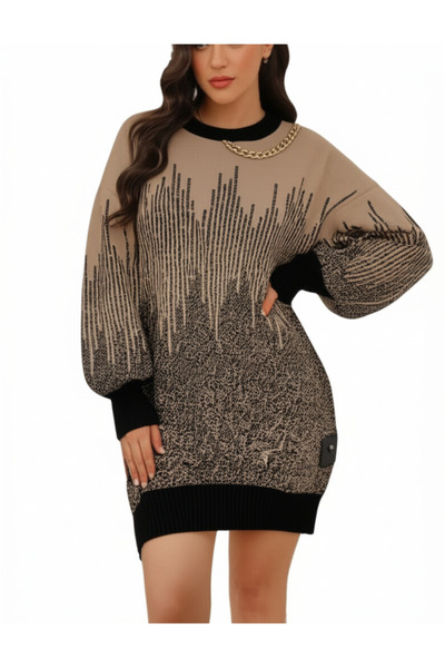 DHDmoda Zincir Detaylı Desenli Açık Kahve Kazak