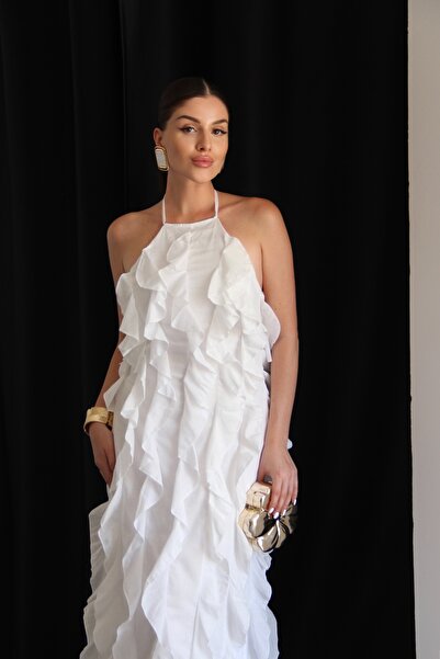 Julidress Біла сукня з декольте на спині, з воланами та підкладкою, довга, преміум-клас