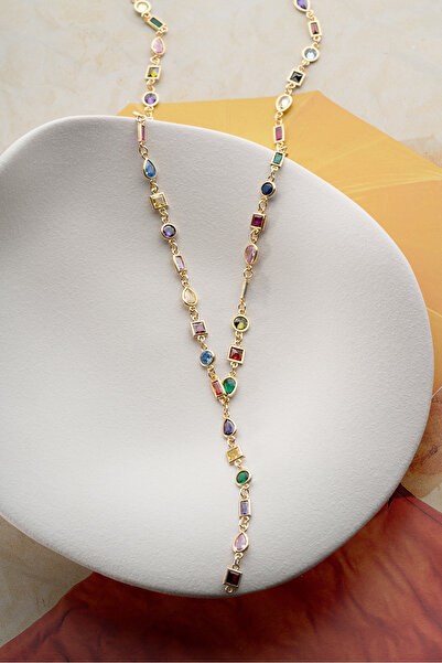 Silvano Jewelry 925 Ayar Gümüş Renkli Taşlı Y Zincir Kolye