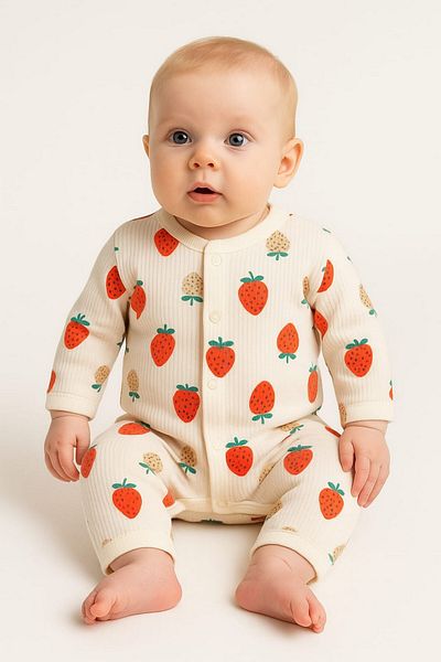 dinamik çocuk Strawberry Printed Stretchy Cotton Newborn Baby Romper - 1-3-6 Months
