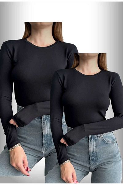 Mistanbul Women's Long Sleeve Crew Neck 2-Piece Black Undershirt Badi