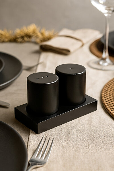 AzzaWood طقم ملح وفلفل سيراميك مكون من قطعتين من Keramika - أسود مطفي مع حامل...