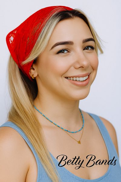 Handmade Betty Bands Red Lace Scarf Hat – Tie-Up Vintage Style Hair Accessory Bandana Henna Night