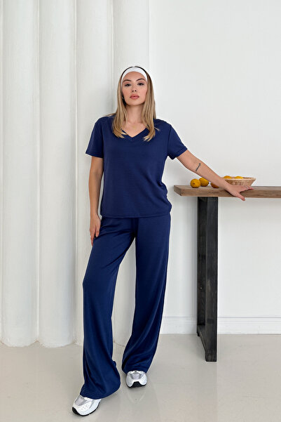 Women's Navy Blue Modal Fabric V-Neck Basic Tracksuit