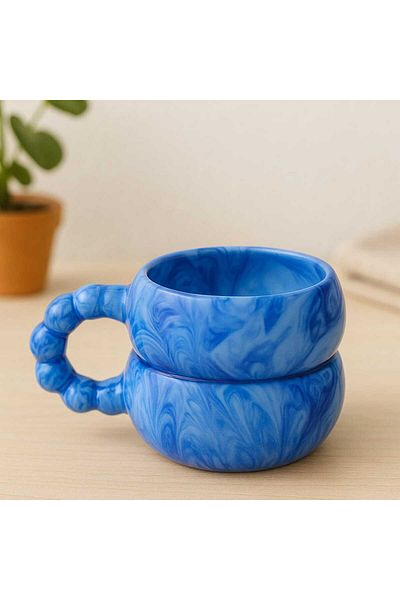 İZart Bead Handle Patterned Blue Ebruly Handmade Ceramic Mug
