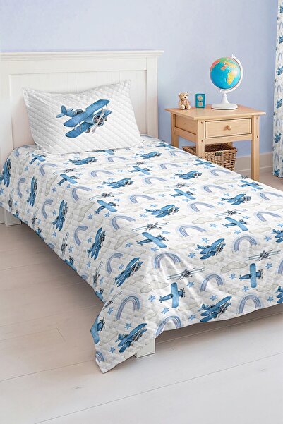 Realhomes Blue Cloudy Boy's Single Pique Set with Airplane and Rainbow Pattern