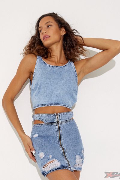 XRAY JEANS Bluză de damă cu talie legată la spate, decoltată, din denim albastru