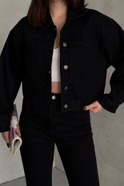 XRAY JEANS Дамски дънки Oversize Късо черно дънково яке с джобове