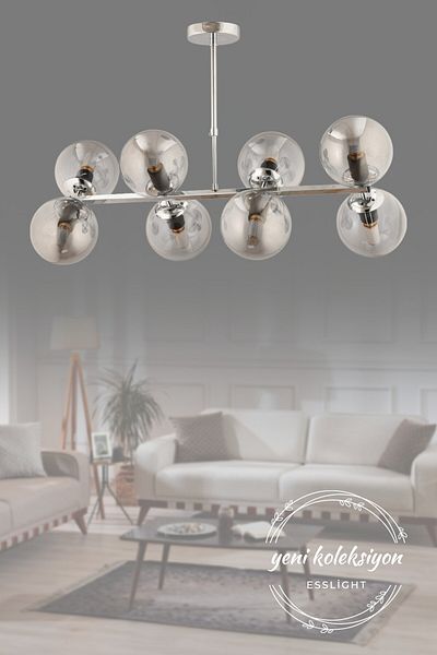 ESSLİGHT Roma 8 Row Chandelier (Smoked Glass) Living Room Kitchen Dining Table Top