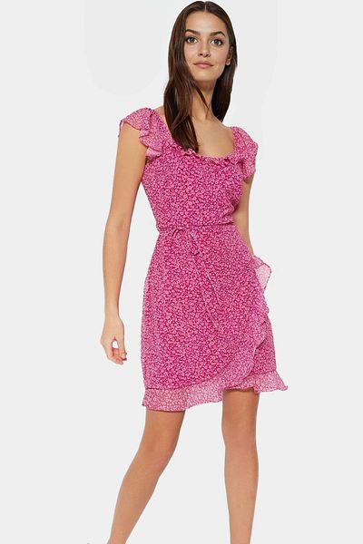 PayBuy Chiffon Mini Dress Floral Pattern Short Sleeve a Line Summer Stylish Appearance Casual Wear Comfortable Cutout