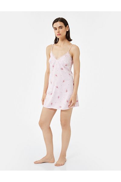 Koton Lace Detailed Thin Strap Floral Satin Mini Nightgown
