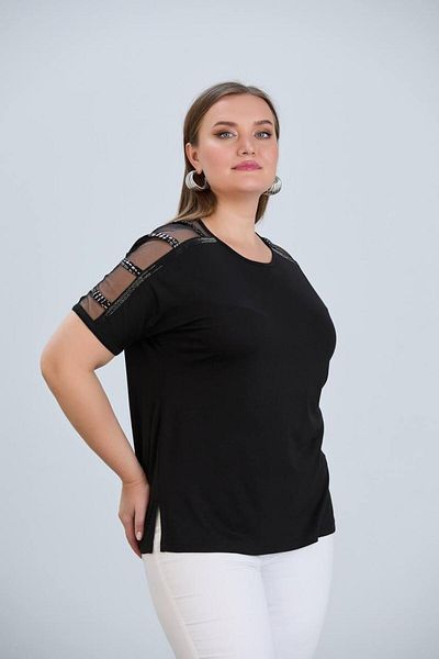 BERA LINE PLUS Women's Plus Size Shoulder Tulle Stone Detailed Short Sleeve Blouse