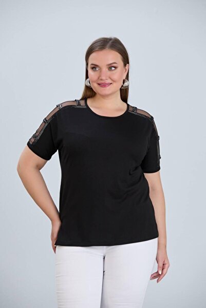 BERA LINE PLUS Γυναικεία μπλούζα με κοντό μανίκι με λεπτομέρεια από πέτρα από τούλι σε μεγάλο μέγεθος