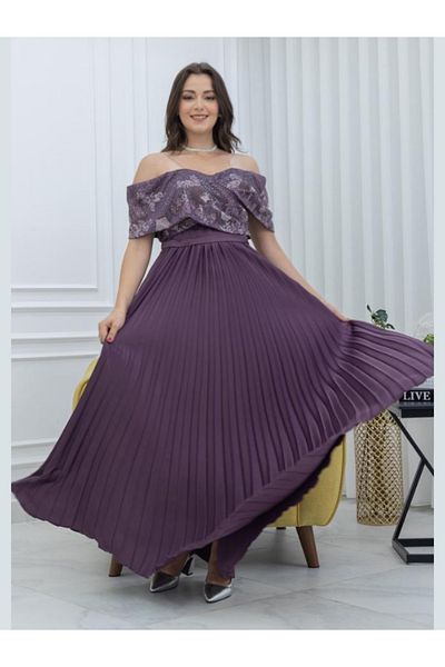 Nice Model Purple Embroidered Sequin Maxi Dress Pleated Evening Gown Formal Luxurious Party Outfit