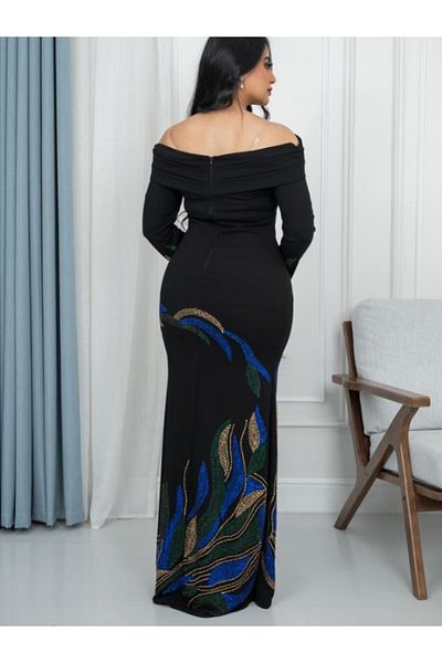 Nice Model Black Crepe Evening Dress Long Sleeve Snake Stone Embroidered Luxury Party Formal Women Gown