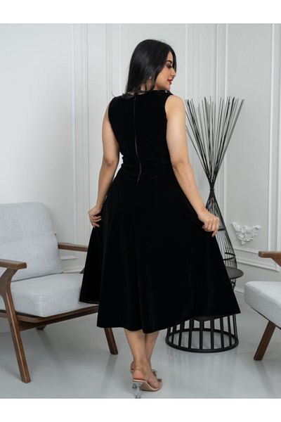 Nice Model Black Velvet Midi Dress Elegant Women Party Formal Evening Wear White Collar Luxury Waist Belt