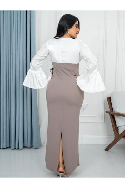 Nice Model Elegant Long Crepe Dress White Bodice Puffy Pleated Sleeves Evening Formal Party Wear Women