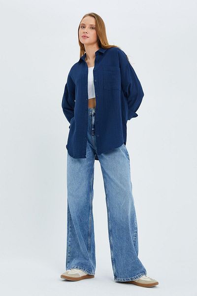 Mixray 3833 Model Navy Blue Women's Oversize Muslin Shirt - with Pockets