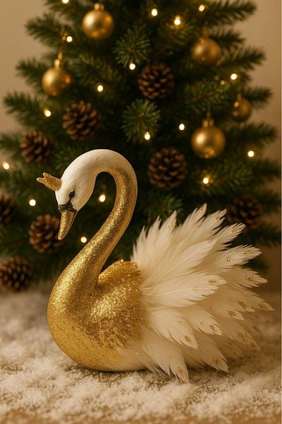 BeySüS Christmas Ornament Table - Pine Tree, Gold White Feather Luxury Swan