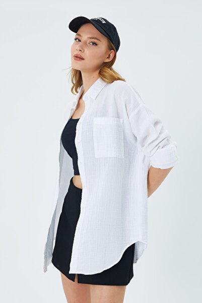 Mixray 3833 Model White Muslin Oversize Shirt - with Pockets