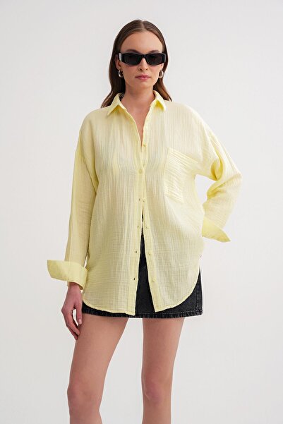 Mixray 3833 Women's Oversize Pocket Muslin Shirt Butter Yellow