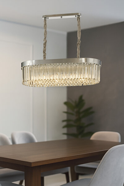 Avizemoda Desina 70x30'luk Kristal Taşlı Lüks Yemek Masası Üstü Avize - KROM Kaplama