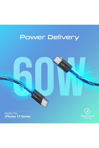 Promate كابل USB-C™ بطول 200 سم، توصيل طاقة فائق السرعة بقوة 60 وات، كابل شحن سريع من النوع C™