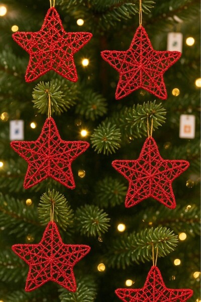 BeySüS Yılbaşı Çam Ağacı Süsü Tel Yıldız Kırmızı 6 Lı 8 Cm
