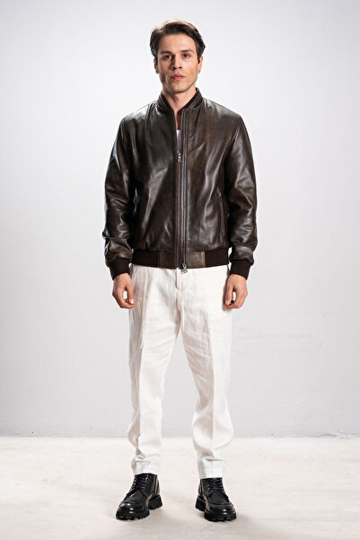 Dericlub DERİCLUB Lucca Erkek Ribanalı Kolej Gerçek Deri Mont SİYAH/TABA