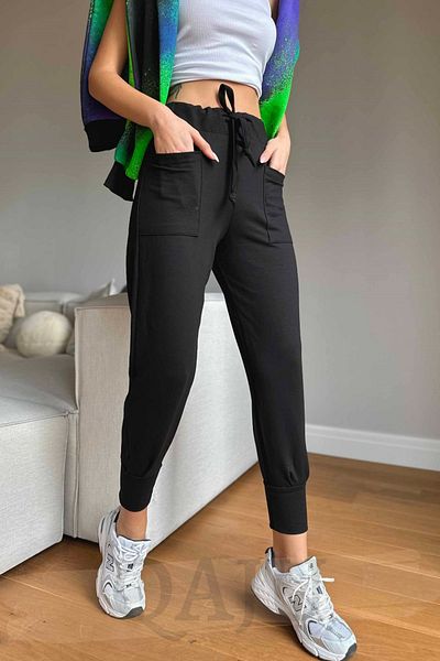 Qaju Women's Rope Tie Pocket Detail Cotton Black Trousers
