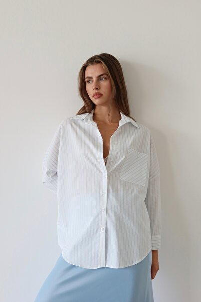 JASTE Cămașă oversize cu dungi albastre pentru femei, cu buzunar cu nasturi