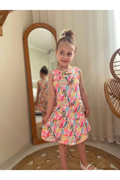 DUDOR KİDS Flamingo Patterned Colorful Girl's Summer Dress - Holiday
