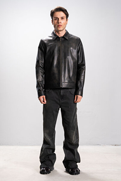 Dericlub DERİCLUB Florida Erkek Gömlek Yaka Rahat Gerçek Deri Mont SİYAH/GRİ