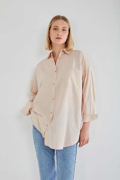 Mixray 4053 Γυναικείο πουκάμισο μονής τσέπης Oversize Basic Stone