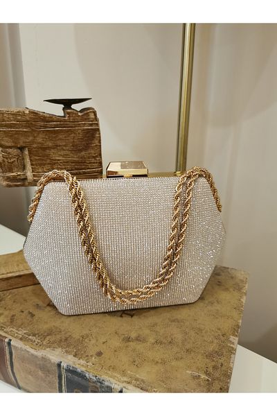 NAZART Γυναικεία Bigtaş Look Χρυσό βραδινό φόρεμα με αλυσίδα με λουράκι χειρός Νυχτερινή τσάντα ώμου αρραβώνων