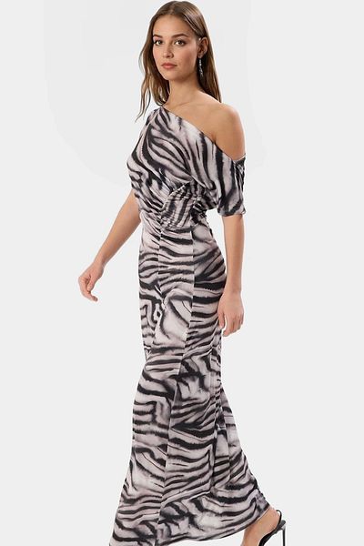 PayBuy Asymmetric Collar Maxi Dress Knitted Fabric Animal Pattern Summer Stylish Premium Quality Special Design