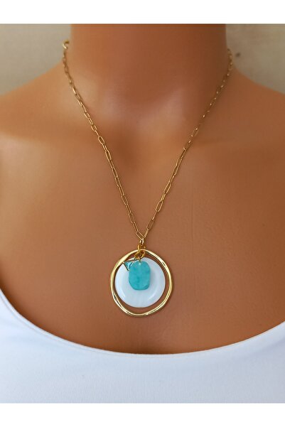 LemaStone Doğal taşlı çelik zincir uzun kolye;Sedef ve Amozonit taşı ile çeli...