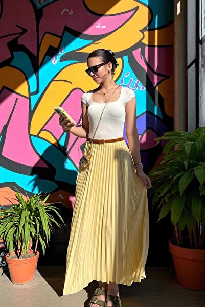 thesunfyre Kadın Sarı Beli Lastikli Düz Piliseli Pileli Maxi Boy Etek