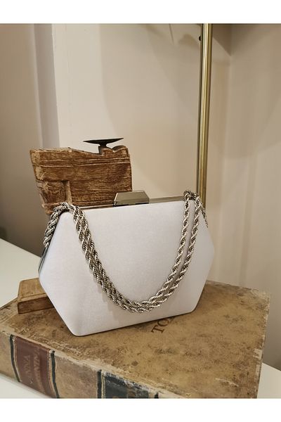 NAZART Rochie de seară din satin argintiu pentru femei, cu curea cu lanț, geantă de umăr de noapte pentru nuntă