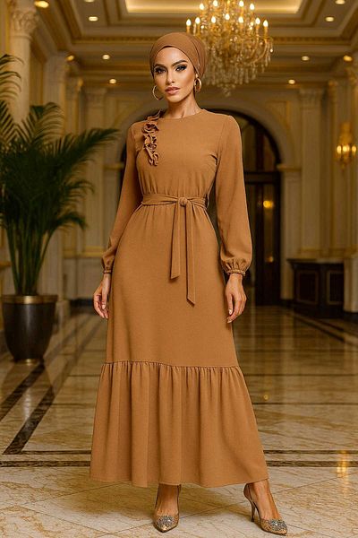 Neva Style Belted Biscuit Hijab Dress 659Bs