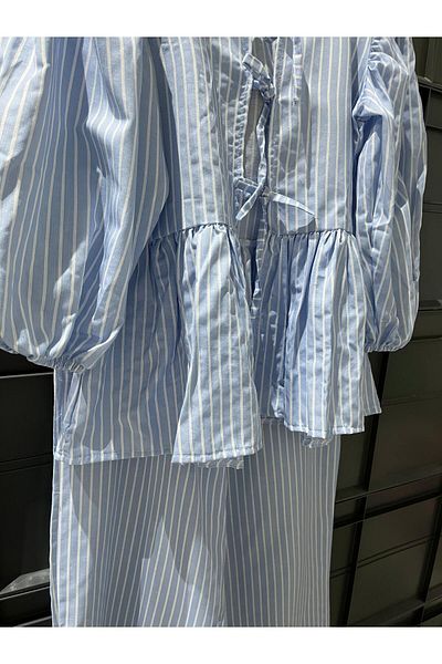 King Brothers Blue Blouse Suit Blouse Bow Striped Balloon Sleeve Poplin Women's Blouse Suit