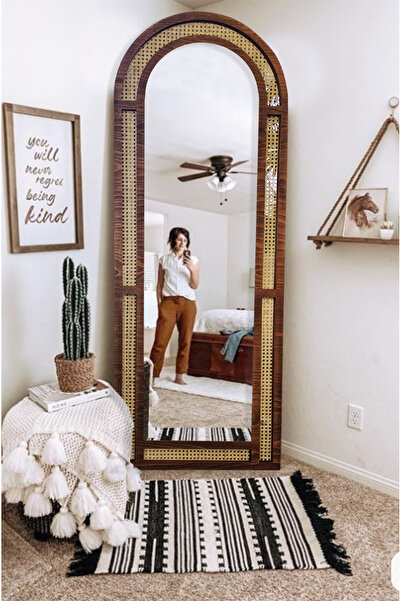 arykanda Simena Boy Aynası - Hazeran Ayna - Rattan Ayna - Ahşap Ayna - Duvar Aynası - Asimetik Ayna