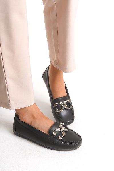 Ayakkabı Delisiyim Women's Ballerina Black Leather D Buckle Accessory Gizy Comfortable Orthopedic Sole Lightweight Casual Shoes