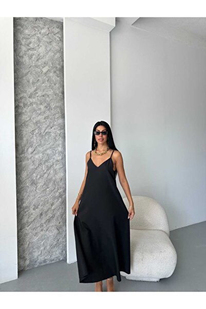 GALAVİP قماش أيروبين أسود - فستان قطني كبير الحجم بأشرطة قابلة للتعديل