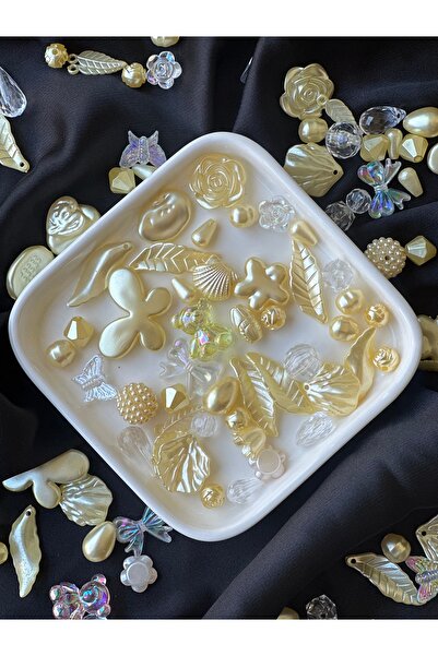 Bijumix Aksesuar 40 Adet Sedefli Sarı Şeffaf Karışık Figürlü Plastik Boncuk