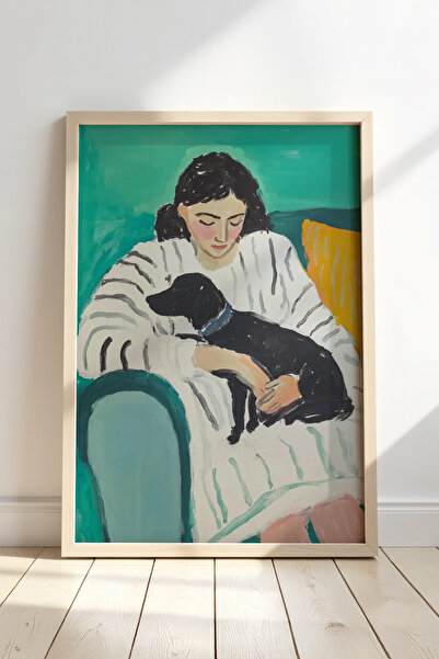 HİGUERA Ζωγραφική τοίχου με θέμα την ηρεμία γυναίκα και μαύρο σκύλο με φυσικό...