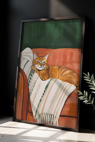 HİGUERA Γλυκιά γάτα ξαπλωμένη σε πορτοκαλί καναπέ Ζωγραφική τοίχου με φυσικό ...