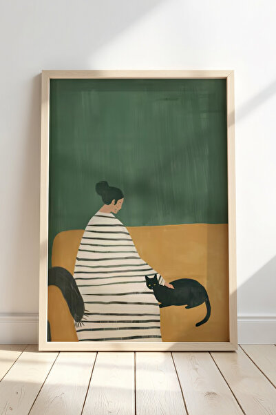 HİGUERA Γάτα και γυναίκα Καλλιτεχνική ζωγραφική τοίχου με φυσικό ξύλινο πλαίσιο
