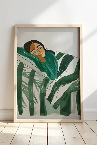 HİGUERA Relaxing Female Figure Natural Wooden Framed Painting in Emerald Green Tones